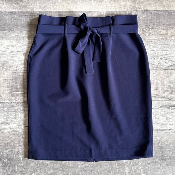 Liz Claiborne Dresses & Skirts - Liz Claiborne Tie Belt A Line Skirt Womens 16 Navy Blue Paperbag Waist Career